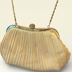 Gold Pleated Clutch Bag with Rhinestone Clasp